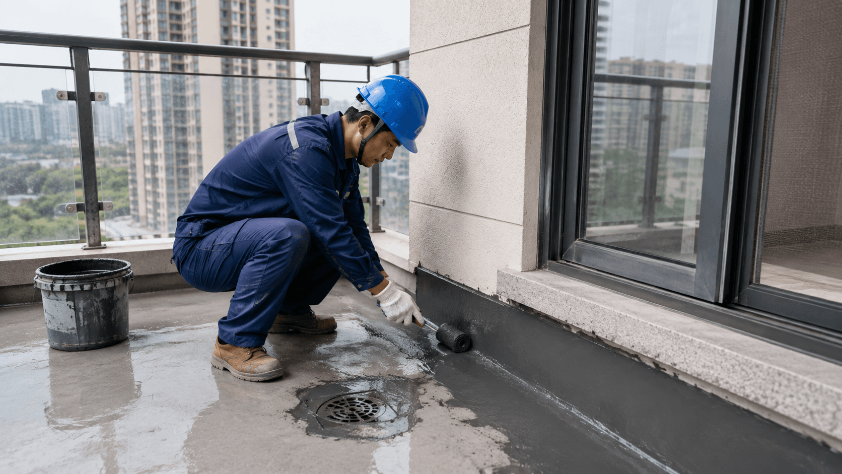 阳台窗边防水同类施工场景示意