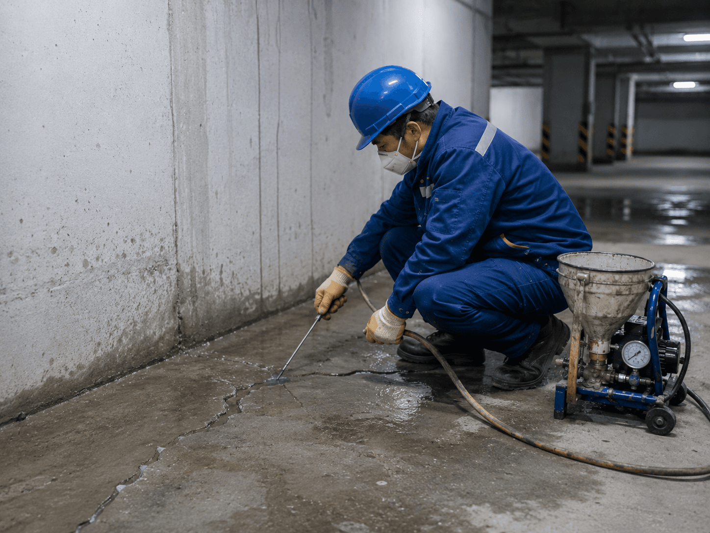 底板返潮 / 冒水施工场景示意