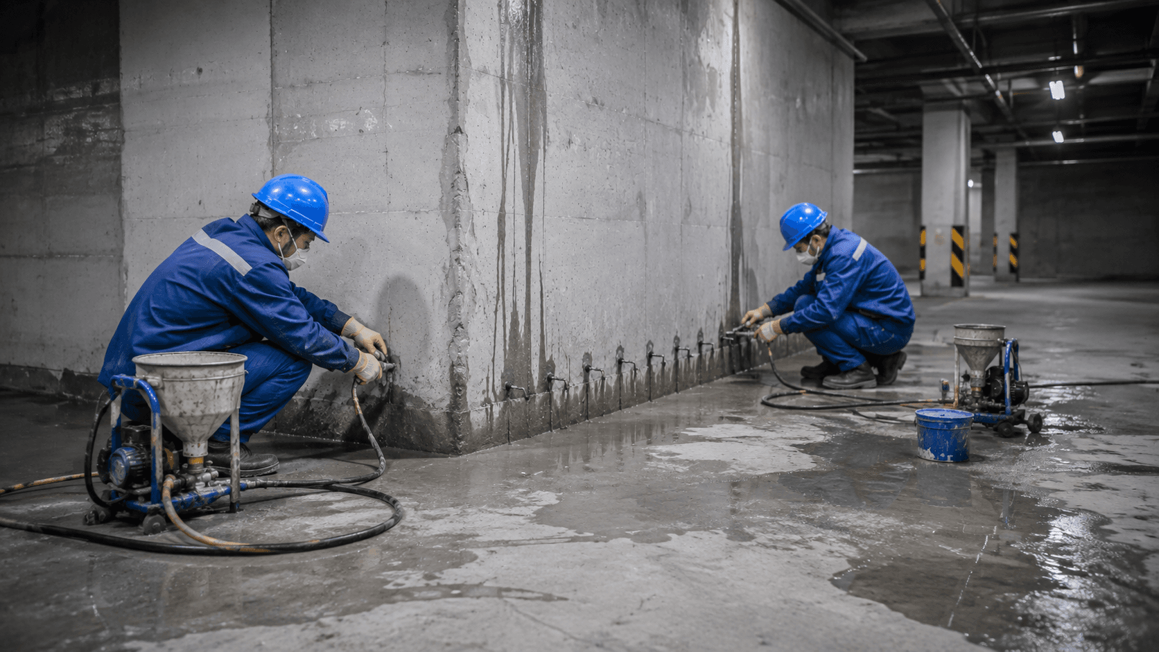 地下室车库注浆堵漏施工现场