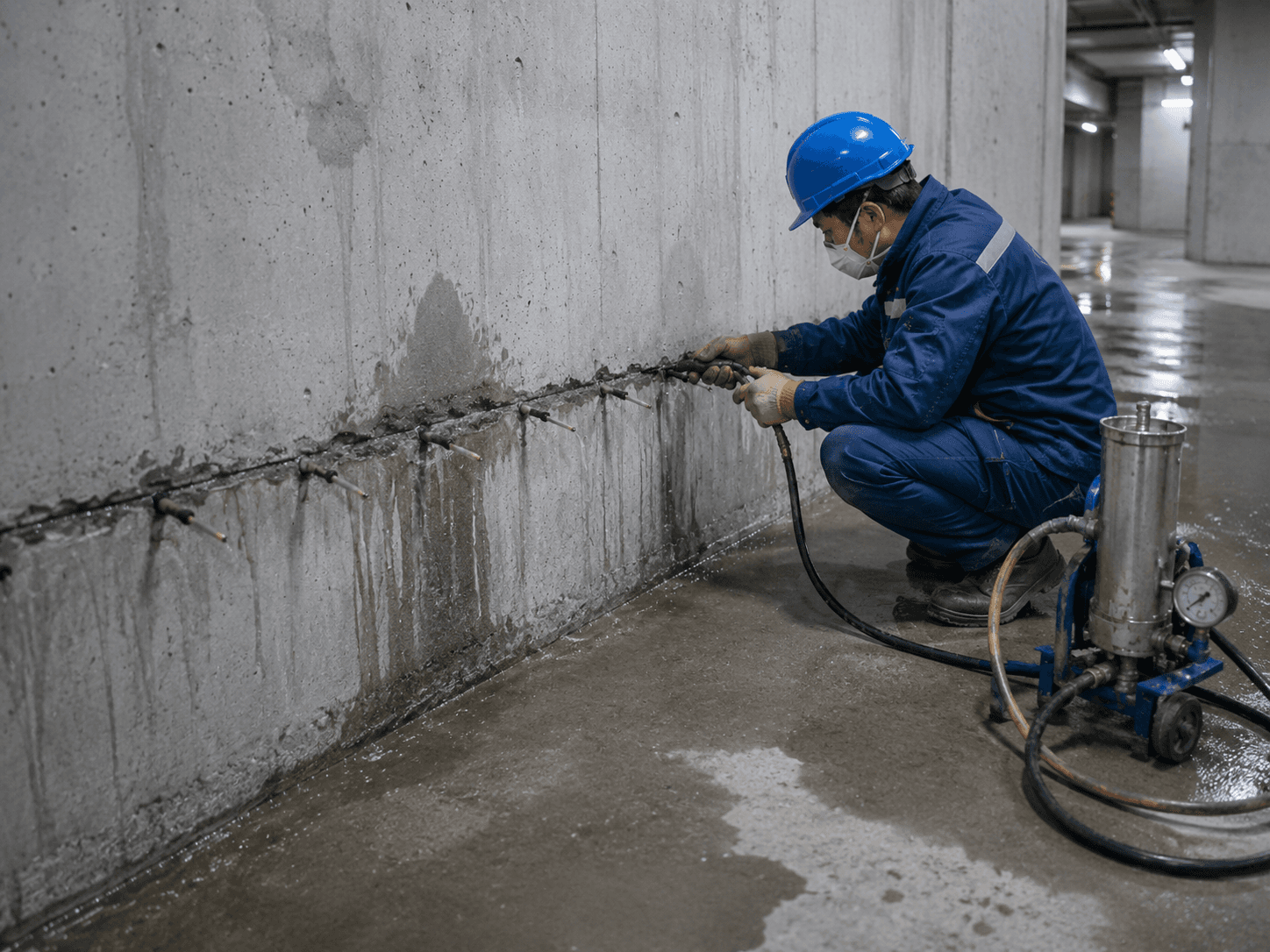 施工缝 / 后浇带渗漏施工场景示意
