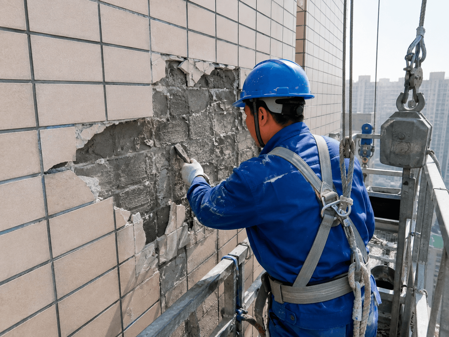 饰面层与防水涂层修复高空施工场景示意
